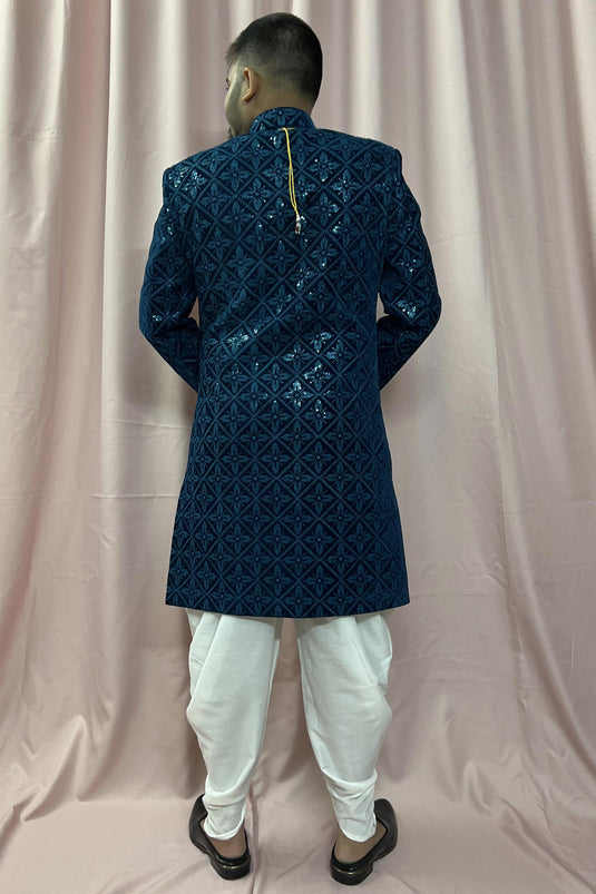Heavy Embroidered Blue Color Wedding Wear Velvet Fabric Designer Readymade Indo Western For Men