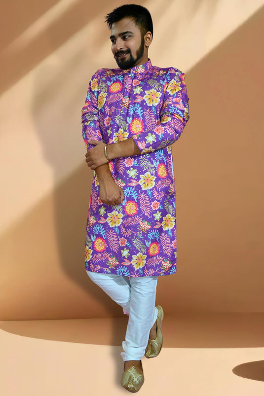 Beautiful Purple Color Readymade Kurta Pyjama For Men In Cotton Fabric