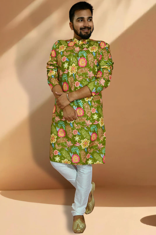 Attractive Readymade Men Kurta Pyjama In Green Color