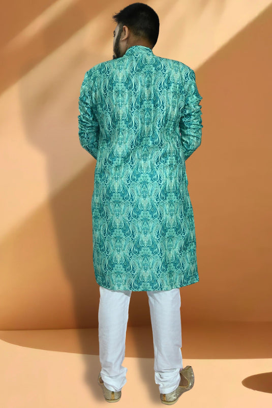 Sea Green Color Readymade Jacquard Fabric Kurta Pyjama For Men