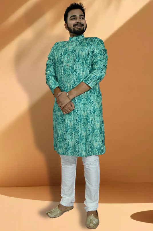 Sea Green Color Readymade Jacquard Fabric Kurta Pyjama For Men