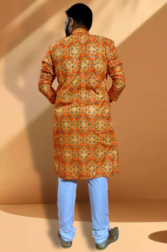 Cotton Fabric Readymade Orange Color Kurta Pyjama For Men