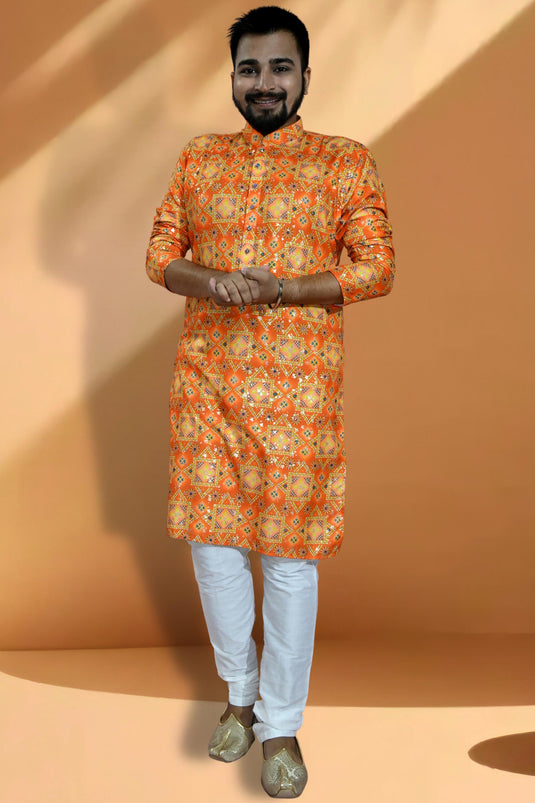 Cotton Fabric Readymade Orange Color Kurta Pyjama For Men