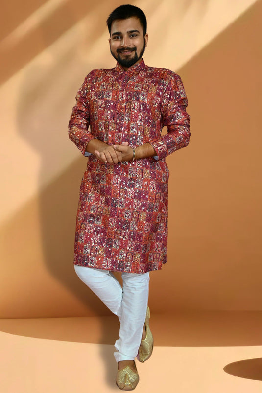 Cotton Fabric Maroon Color Trendy Readymade Men Kurta Pyjama