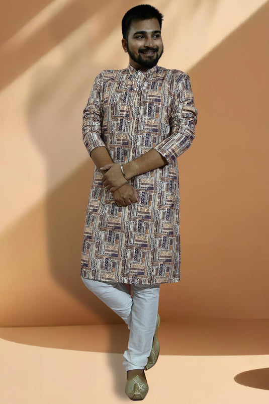 Brown Color Jacquard Fabric Designer Readymade Kurta Pyjama For Men