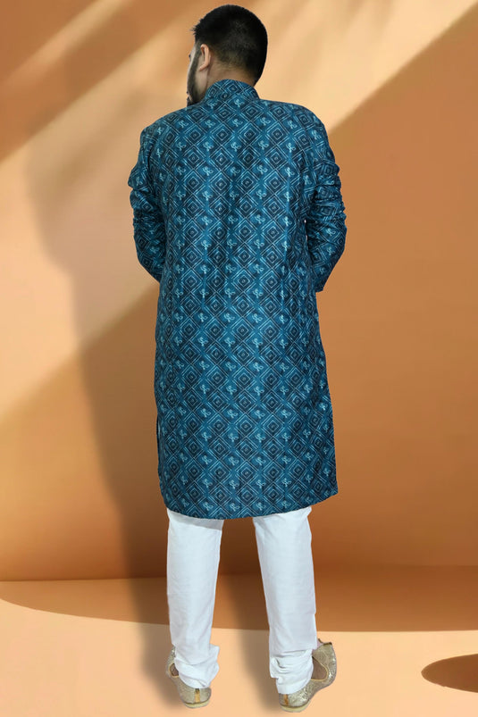 Teal Color Engaging Jacquard Fabric Readymade Kurta Pyjama For Men