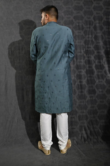 Sequins Embroidery Fancy Grey Color Cotton Silk Fabric Function Wear Readymade Kurta Pyjama For Men