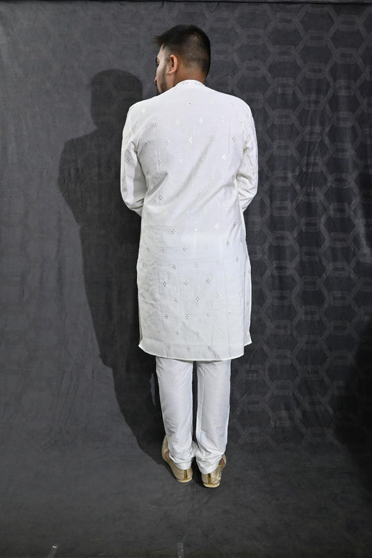 Cotton Silk Fabric Sequins Embroidery White Color Festive Wear Readymade Men Stylish Kurta Pyjama