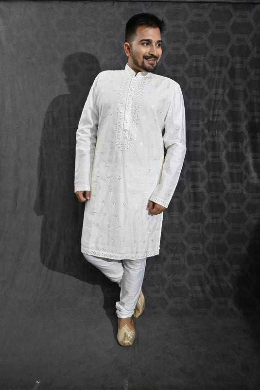 Cotton Silk Fabric Sequins Embroidery White Color Festive Wear Readymade Men Stylish Kurta Pyjama