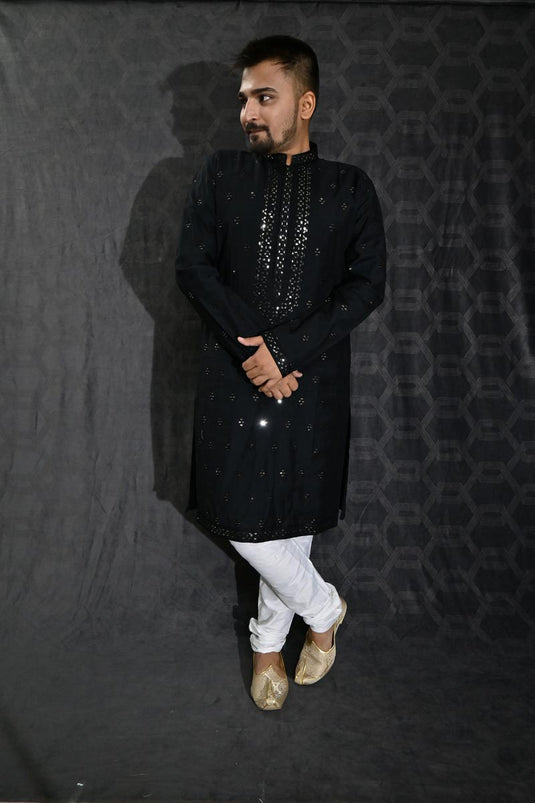 Cotton Silk Black Color Wedding Wear Sequins Embroidery Readymade Designer Men Kurta Pyjama