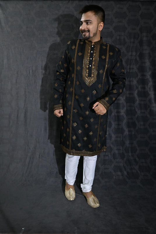 Beautiful Sequins Embroidery Black Color Wedding Wear Readymade Kurta Pyjama For Men In Art Silk Fabric