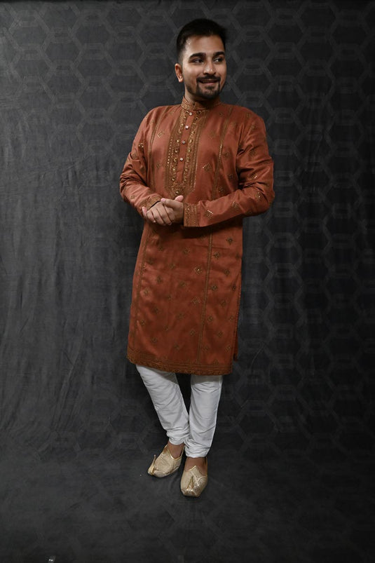 Function Wear Readymade Glamorous Sequins Embroidery Kurta Pyjama For Men In Art Silk Fabric