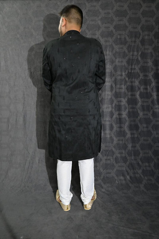 Art Silk Sequins Embroidery Black Magnificent Readymade Men Kurta Pyjama For Sangeet Wear