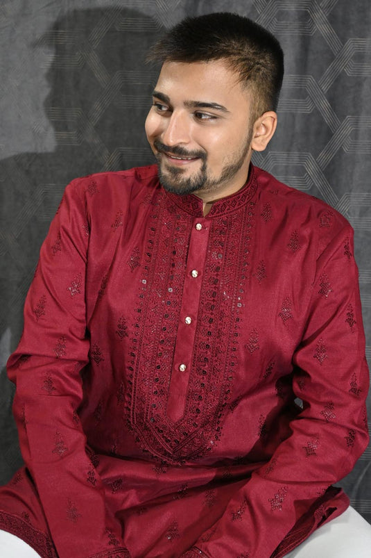 Artistic Readymade Sequins Embroidery Men Kurta Pyjama For Wedding Wear