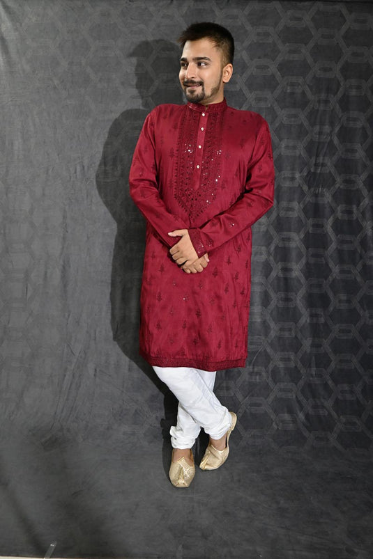 Artistic Readymade Sequins Embroidery Men Kurta Pyjama For Wedding Wear