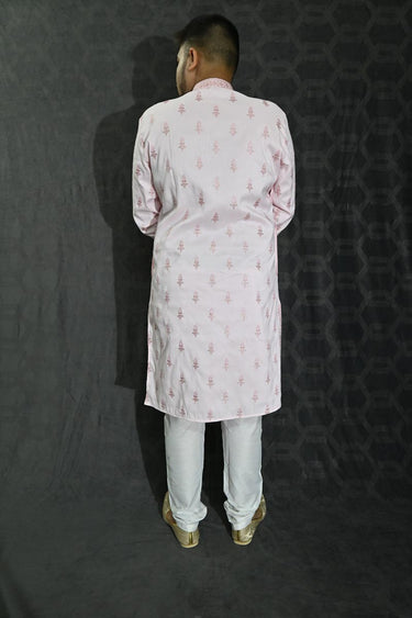 Sequins Embroidery Pink Color Reception Wear Readymade Art Silk Fabric Kurta Pyjama For Men
