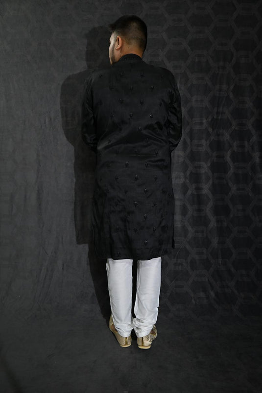 Festive Wear Sequins Embroidery Readymade Kurta Pyjama For Men In Black Art Silk Fabric