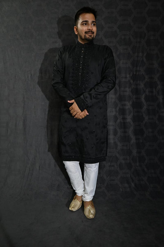 Festive Wear Sequins Embroidery Readymade Kurta Pyjama For Men In Black Art Silk Fabric