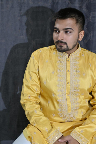 Sequins Embroidery Sangeet Wear Readymade Kurta Pyjama For Men In Art Silk Yellow Color