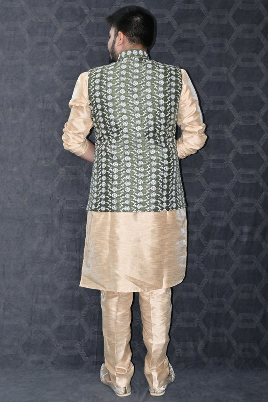 Art Silk Fabric Festive Wear Readymade Men Stylish Kurta Pyjama With Olive Color Jacket set