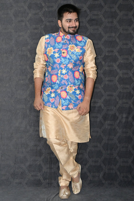 Festive Wear Art Silk Readymade Lovely Kurta Pyjama For Men With Blue Color Jacket