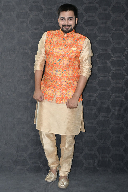 Gorgeous Art Silk Fabric Function Wear Readymade Kurta Pyjama For Men With Orange Color 3 Pcs Jacket Set