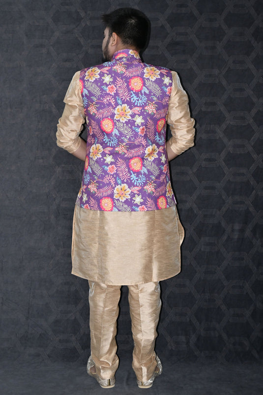 Reception Wear Readymade Art Silk Fabric Beautiful Kurta Pyjama For Men With Purple Color 3 Pcs Jacket Set