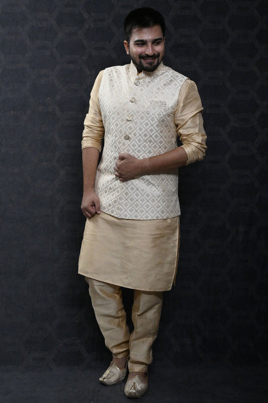 Art Silk Fabric Festive Wear Readymade Men Kurta Pyjama With Cream Color Jacket