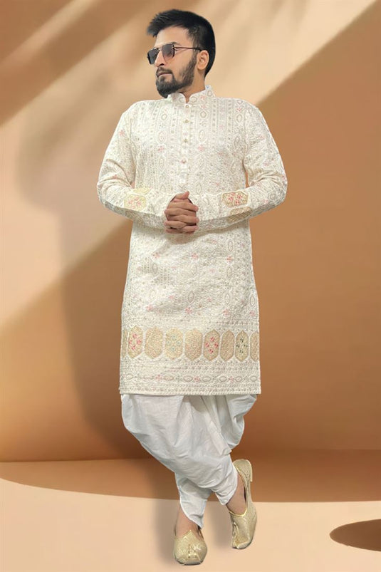 Stunning Cream Color Peshawari Style Indo Western Set In Silk Fabric