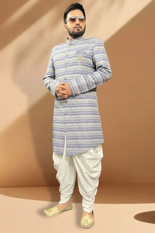 Attractive Blue And Grey Color Peshawari Style Indo Western Set In Silk Fabric