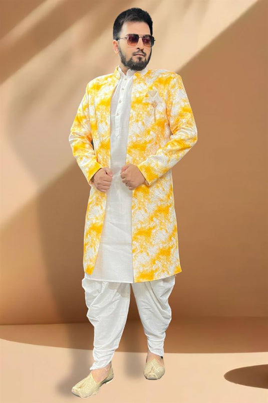 Trendy Textured Yellow Color Silk Fabric Peshawari Style Indo Western Set