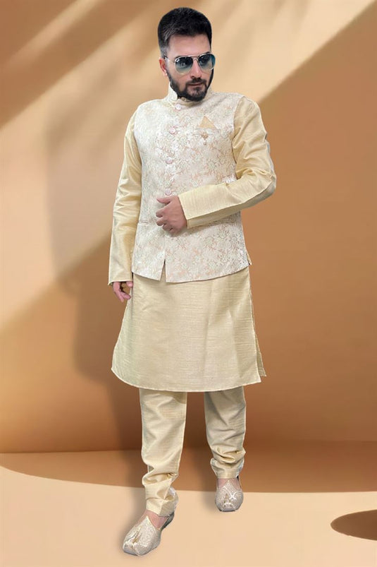 Enriching Beige Color Silk Fabric Kurta Churidar With Jacket