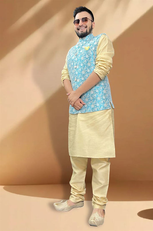 Remarkable Silk Fabric Function Wear Cream Kurta Pyjama With Sky Blue Color Jacket