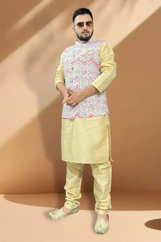 Sober Silk Fabric Function Wear Cream Kurta Pyjama With Grey Color Jacket