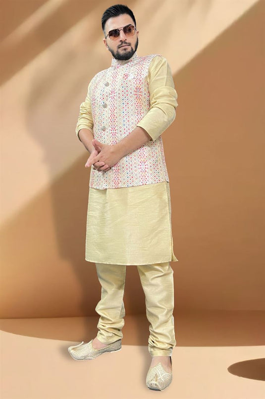 Graceful Silk Fabric Function Wear Cream Kurta Pyjama With Cream Color Jacket