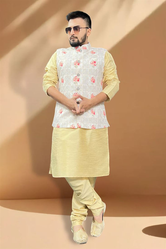 Silk Fabric Function Wear Magnificent Cream Kurta Pyjama With Off White Color Jacket