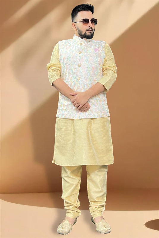 Artistic Silk Fabric Function Wear Cream Kurta Pyjama With White Color Jacket