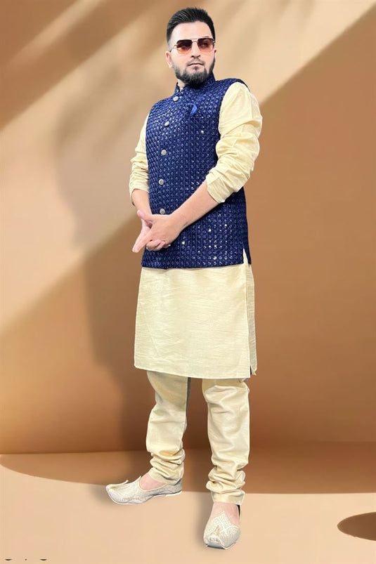 Adorning Silk Fabric Function Wear Cream Kurta Pyjama With Navy Blue Color Jacket