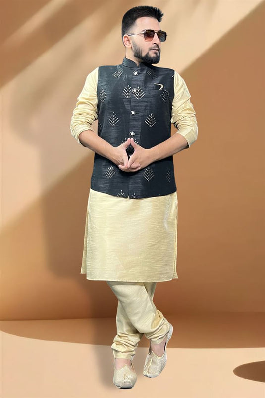 Graceful Silk Fabric Function Wear Cream Kurta Pyjama With Black Color Jacket