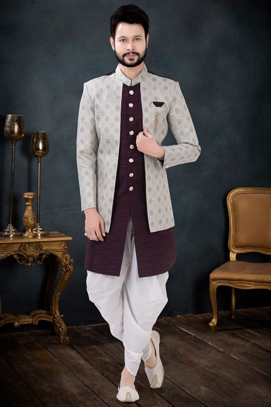 Wine Color Fascinate Silk Fabric Dhoti Kurta Cream Jacket Set