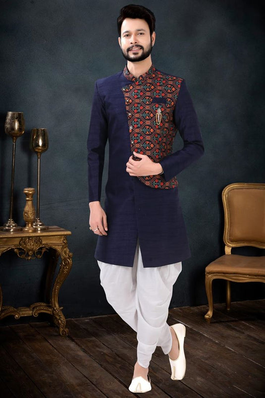 Extravagant Navy Blue Color Silk Fabric Indo Western