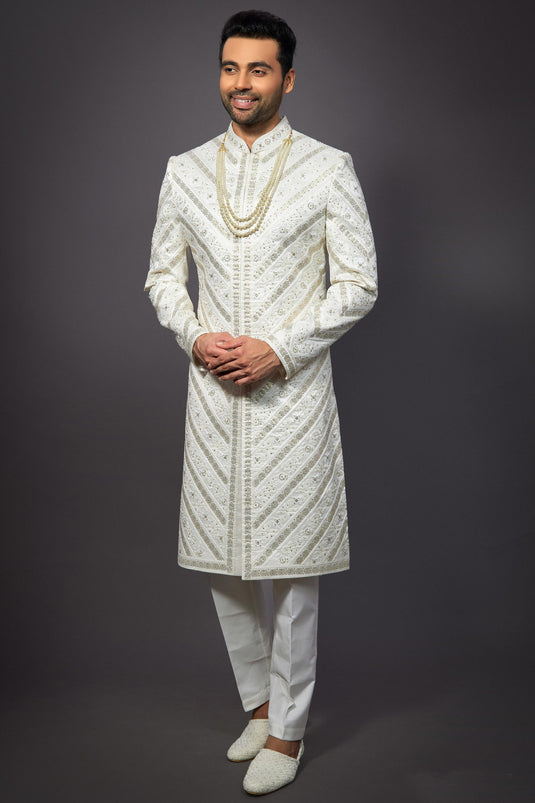 White Color Wedding Wear Silk Fabric Designer Readymade Indo Western For Men