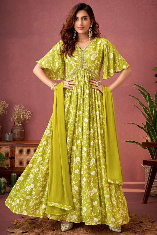 Green Chinon Fabric Readymade Printed Gown