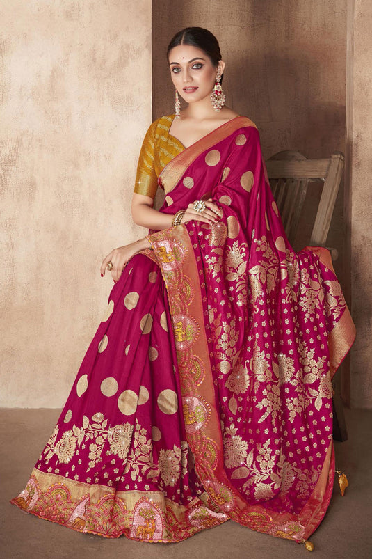 Magenta Color Weaving Work Silk Fabric Party Wear Saree With Designer Blouse