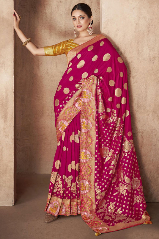 Magenta Color Weaving Work Silk Fabric Party Wear Saree With Designer Blouse