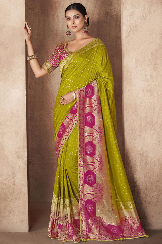 Green Color Weaving Work Silk Fabric Saree With Designer Blouse