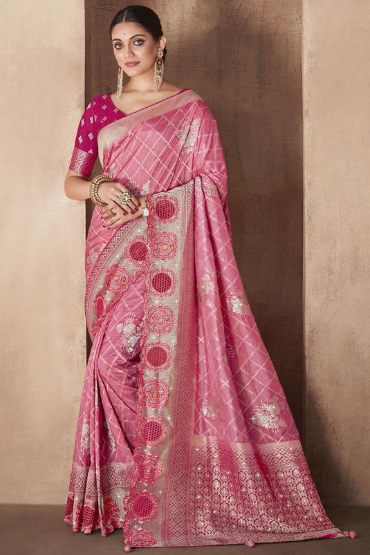 Exclusive Weaving Work Pink Color Silk Fabric Saree With Designer Blouse