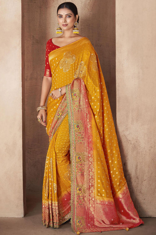 Weaving Work Orange Color Silk Fabric Saree With Designer Blouse