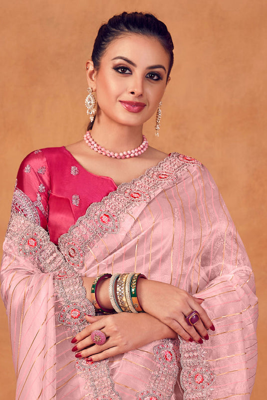 Pink Color Embroidery Work Organza Fabric Party Wear Saree