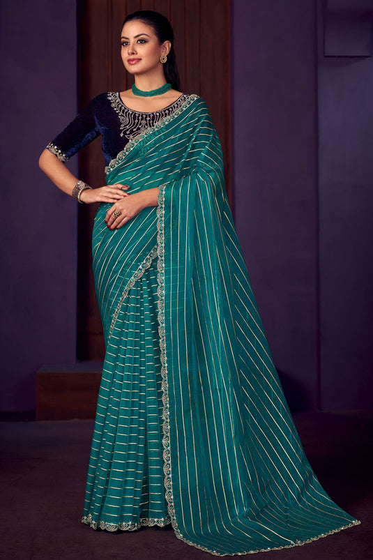 Cyan Color Stone Work Festive Wear Organza Fabric Saree